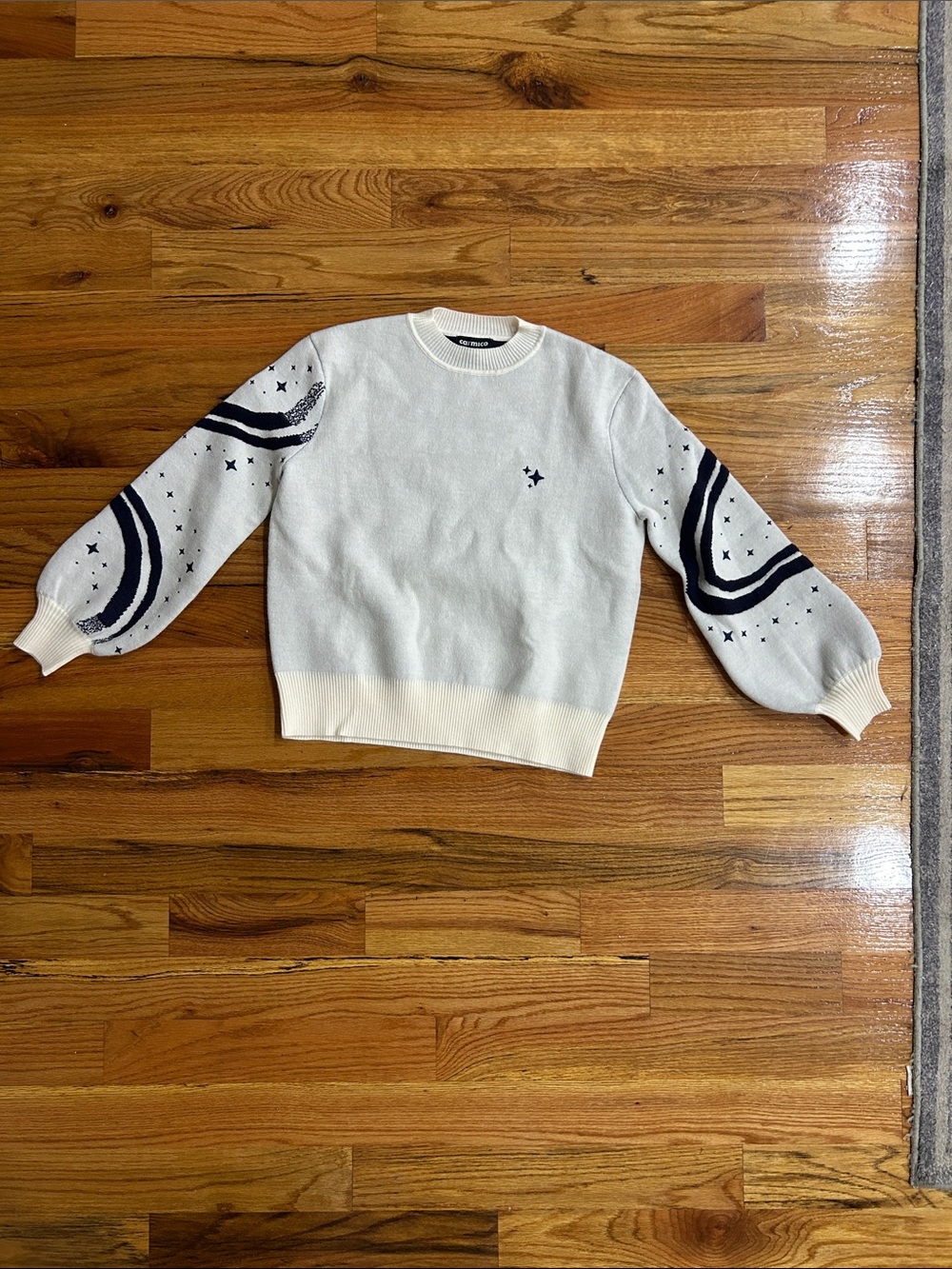 Carmico Stargazer Ivory Crewneck Sweater with Navy Star Sleeve Accents